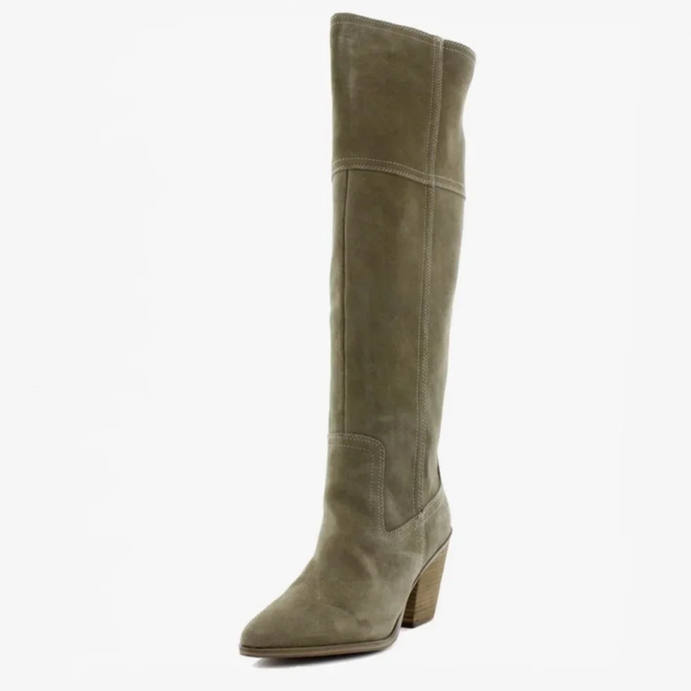 6M Taupe Knee High Boot Cuban Block Heel Pointed Toe Suede Waterproof Windie